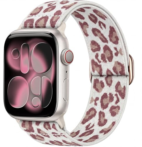Ynitec Leopard Print Straps for Apple Watch 40mm 38mm 41mm 42mm, Stretchy Sports Ankle Arm Strap for iWatch Series 11 10 9 8 7 6 5 4, SE 3 2 1 Ultra, Stylish Elastic Nylon Bands for Women, Pink Leo