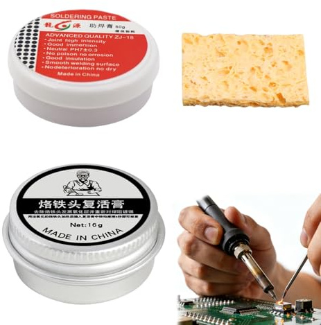 Kolophonium Lötpaste 50g, Bleifrei Lötspitzenreiniger 16g, Hochtemperatur-Lötkolben-Reinigungsschwamm, Lötspitzenreiniger Set, Kolophonium Flussmittel, Lötkolben Reiniger, Flussmittel Löten