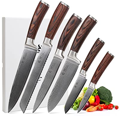 Wakoli EDIB 6er Damastmesser Set I Scharfes Küchenmesser Set aus 67 Lagen Damaststahl mit VG10 Kern & Pakkaholzgriff I Kochmesser Set in Geschenkbox I präzises Schneiden & langanhaltende Schärfe