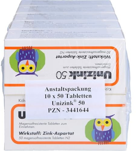 Unizink 50 magensaftresistente Tabletten, effektive Zinkversorgung für ein starkes Immunsystem, gesunde Haut, Haare und Nägel sowie zur Vorbeugung von Erkältungen und Müdigkeit, 10 x 50 St