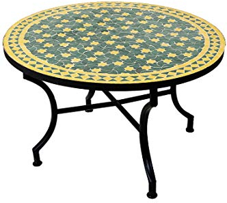 Original marroquí Mosaico Mesa Mesa Diámetro 80 cm Grande Redondo | Redondo pequeño Mesa de jardín de Mosaico Mediterran | como Mesa Auxiliar Mesa para terraza o jardín, Estrella Verde Amarillo