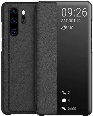 KANSi kompatibel mit Huawei P30 Pro Hülle, Smart View Flip Hülle + Schutzfolie - Schwarz
