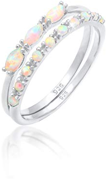 Elli Ring Damen Set mit synthetischem Opal Vintage Look aus 925 Sterling Silber vergoldet