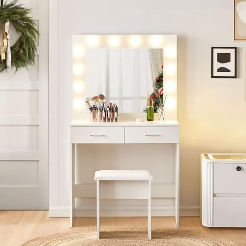CLIPOP Schminktisch mit Hollywood LED Lichtern, Frisiertisch mit 2 Schubladen und Hocker, Modern Frisierkommode Kosmetiktisch Make-up Tisch Modern für Schlafzimmer aus Holz,Weiß | Moderner Frisiertisch, Kosmetiktisch, aus Holz, für Schlafzimmer, elegantes Design, pflegeleicht