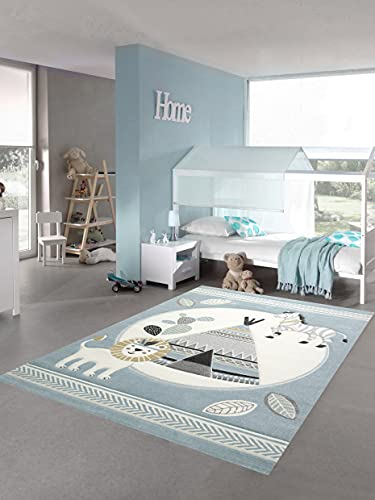 Teppich-Traum Kinderzimmer Teppich Spielteppich Indianer Zelt Löwe Zebra Kaktus blau Creme grau Größe 120x170 cm