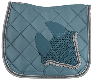WAGNER Dressur Schabracke mit Fliegenhaube und Strass-Steinen Vintage BLAU-GRAU VIOLETT