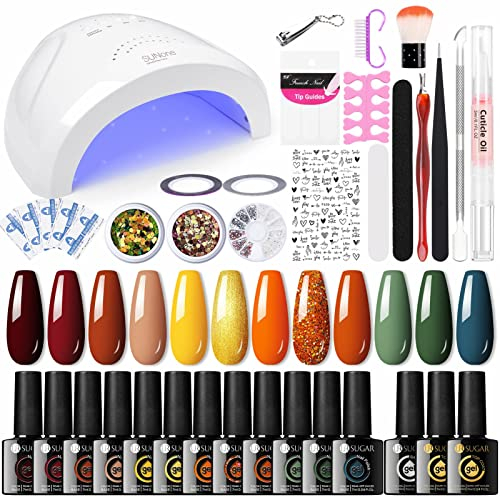 UR SUGAR Set Starterset mit Lampe 48W, 12 Farben UV Nagellack Herbst Braun Gelnägel Starterset mit Base und Top Matte Coat Gel Nagellack Nagelstudio Maniküre Geschenkset