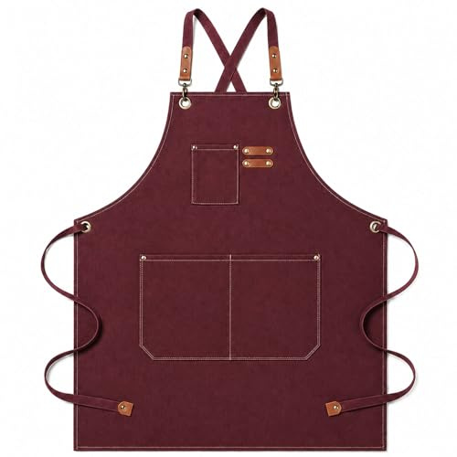 jiuzcare Köksförkläden 68 x 76 cm justerbar grillförkläde med 3 fickor förkläde för män kvinnor korsade remmar för grill, restaurang, trädgård, grill, kaffe, röd