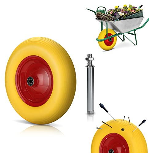 Tubiaz PU Schubkarrenrad Vollgummi, Pannensicher 4.80/4.00-8 Ø 390mm mit Achse, 200kg Tragkraft, Ersatzrad Gummirad Stahlfelge für Schubkarre, Gelb/Rot