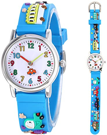 Mamiddle Relojes Analógicos para Niños, Reloj Niño y Niña,Reloj Impermeable para Niños de 30m,Relojes de Enseñanza Dibujos Animados con Correa de Silicona/Nylon (Silicona - Coche Pequeño Azul)