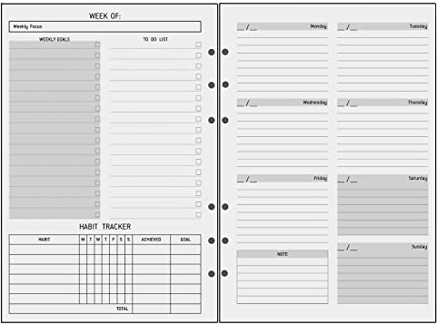 Ersättningsdagbok, utan datum, veckovis, A5, 52 veckors kalender, dagbok, med att göra-lista, extra kontaktinformationssidor, 6 fack, tjockt papper, 100 g/m², påfyllning för anteckningsbok