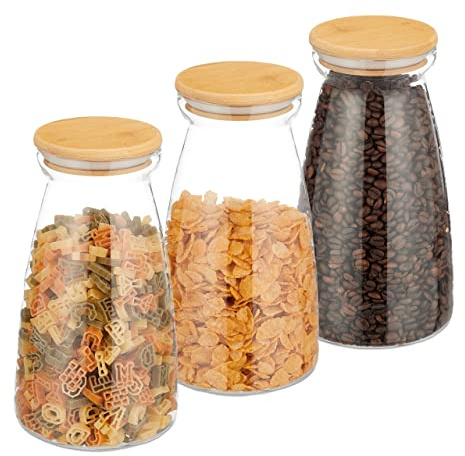 Relaxdays Vorratsgläser mit Deckel, 3er Set, 1400 ml, luftdicht, Lebensmittel-Lagerung, Vorratsdosen, transparent/Natur | luftdicht, Lebensmittel-Lagerung, Vorratsdosen