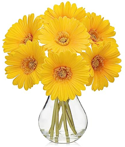 7 pcs Artificial African Daisies with Glass Vase, Small Fake Flowers in Vase with Faux Water, Yellow Artificial Gerbera for Home Office Bathroom Living Room Party Wedding Centerpiece Decorations