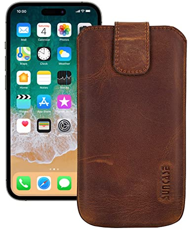 Suncase Etui Tasche kompatibel mit iPhone 15 Pro Max (6,7 Zoll) Hülle mit ZUSÄTZLICHER Case/Schale/Bumper Lasche mit Rückzugfunktion Handytasche Ledertasche Schutzhülle in antik-Coffee