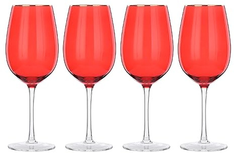 Sparkleware Large Red Coloured Wine Glasses with Gold Rim - Set of 4, 490ml Premium Quality for Fine Dining, Celebrations & Special Occasions Gift Set
