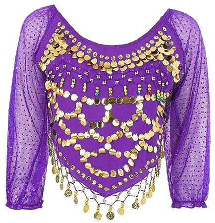 CHICTRY Pailletten Bauchtanz Oberteil Damen Glänzend Tanz Tshirt Chiffon Ärmel Bluse Münzen Perlen Kurz Top Zum Binden Hinten Dancewear