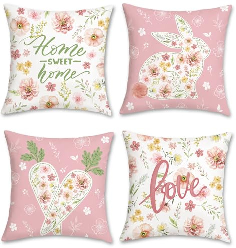 Bonhause 4er Set Kissenbezüge Blumen Hase 45 x 45 cm Karotte Blätter Rosa Dekorative Kissenhülle Zierkissenbezüge für Sofa Zuhause Garten Ostern Dekoration