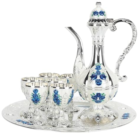 Vintage Turkish Coffee Pot Set, Turkish Tea Set with 6 Coffee Cups, Teapot and Tea Tray, Tea Service Set, Wine Decanter and Glasses Set for Home Tea Table Decor, Wedding Gifts
