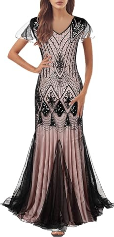 KBOPLEMQ Costume des années 20 pour femme - Robe Charleston - Col en V - Paillettes - Perles - Robe à franges - Robe garçonne - Robe à paillettes - Robe à paillettes - Robe années 20 - Robe à