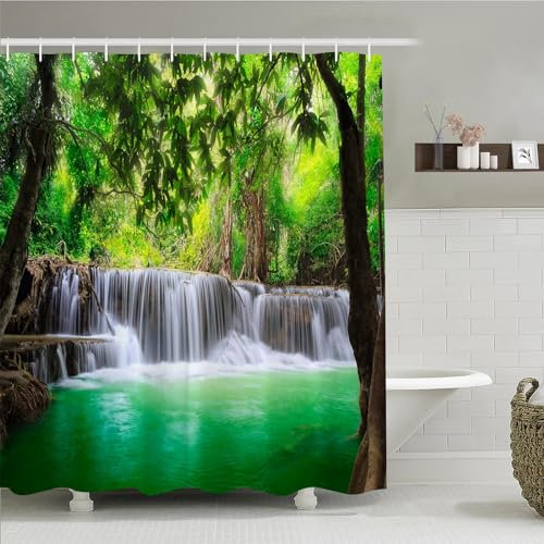 Simpomsy Outdoor Shower Curtain For Garden Green Lake Summer Waterfall In Forest Woodland Nature Jungle Scenery Art Printing Summer Bath Curtain With 12 Hooks 180x180cm