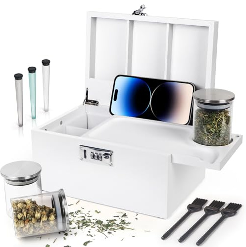 Large White Bamboo Box with Combination Lock, Decorative Storage Box with Removable Tray & Detachable Compartment, Wooden Boxes with Alright Jars & Brushes & Storage Tubes as Great Gift Choice.