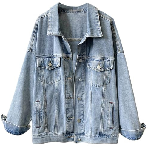 FM2018XSL Giacca di Jeans Donna Oversize Vestibilità Ampia Giacche in Jeans Denim con Tasche Casual Cappotto Primaverile Autunnale (IT, Testo, M, Regular, Regular, blu chiaro)