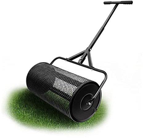 24 Durable Peat Moss Compost Spreader for Lawn and Garden - Lightweight Manure Spreaders Roller with T Shaped Handle - Walk and Push Basket Sifter for Yard - Top Soil Spreader for Lawn Roller