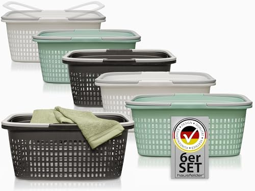 Hausfelder Wäschekorb, 6er Set, 58x37x25cm | 6er Set, 58x37x25cm, BPA-frei, stapelbar, mit Henkel, Wäschekorb, Wäschewanne, Griffen, Wetterfest, Belastbar