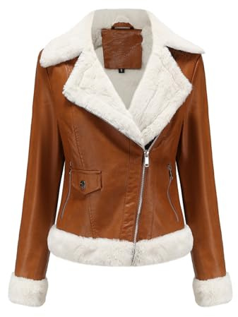DLLDLGG Chaqueta Corta de Piel de Cordero Sintética para Mujer de Invierno con Cremallera de Solapa, Gabardina Cálida, Chaqueta de Aviador para Mujer