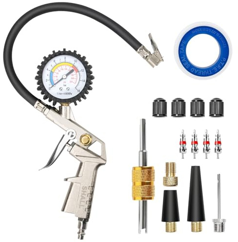 SHALL Pistolet Gonfleur Pneus avec Manomètre 0-220 PSI et 0-16 Bar Professionnel Accessoire Compresseur pour Voiture et Moto