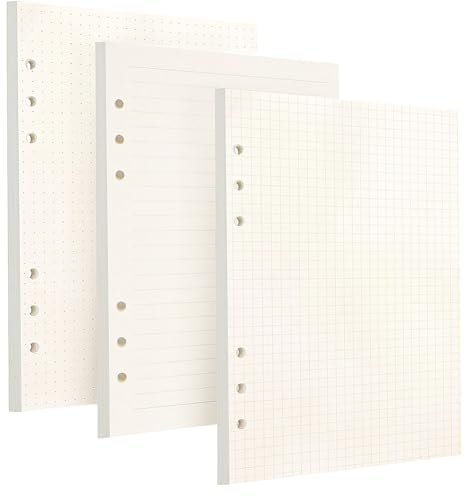 3 Stück A5 Nachfüllpapier 6 Löcher Papier Kariert 180 Blatt/360 Seiten,Ringbucheinlagen A5 Kariert 21x14.5cm, Ordnerfüllpapier für A5-Ringbuch, Agende, Tagebücher(Gepunktet+Kariert+Liniert)