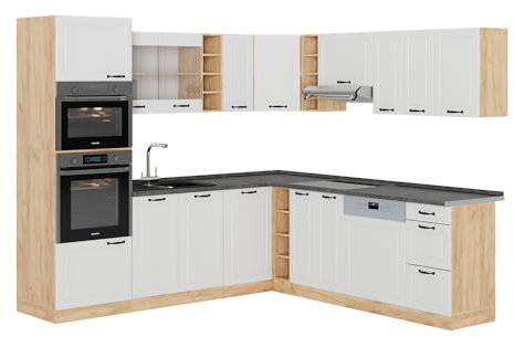 Vicco Eckküche R-Line, Weiß Landhaus/Goldkraft Eiche, 247 x 237 cm