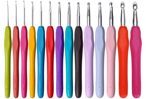 14 Pcs Crochet Hooks Set,Crochet Hooks Sets for Beginners,Colorful Ergonomic Rubber Soft Grip Handle,Ergonomic Needles Best for Women