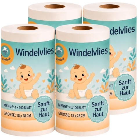 Lumina Windelvlies groß 4x100 Blatt – Weiches Windelvlies zur Einlage in Stoffwindeln – Windelvlies aus Viskose, 100 % biologisch abbaubar & hautfreundlich – Windeleinlagen für Babys