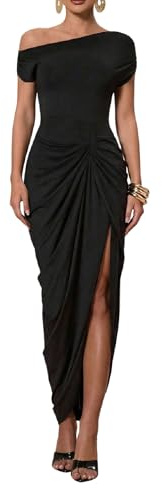 Floerns Women's Elegant Long Dress Asymmetrical Off Shoulder Ruched Slit Bodycon Cocktail Dresses Black Large
