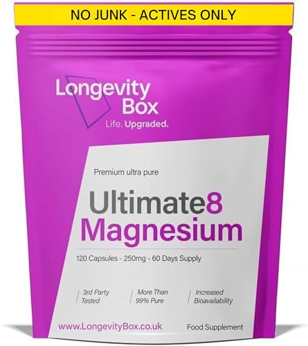 Longevity Box Ultimate Magnesium Complex – 8 Types in 1 Formula Including Glycinate, Citrate, Taurate, Malate & More – 500mg Per Serving –120 Capsules