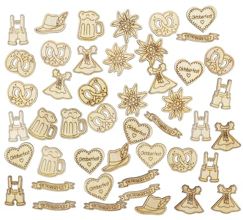 YIGOOWN 100 Stück Oktoberfest Deko Holz, Bayrische Dekoration Tischdeko mit 3-4CM Holz Edelweiß Bierkrüge Hüte Brezeln Streudeko Konfetti für Bayrische Oktoberfest Party