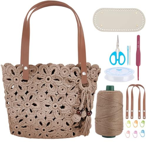 ORIGACH Ausgehöhlte Blumen Häkelset Für Anfänger, DIY Handtasche Starter Häkelset Für Erwachsene Mit Schritt Für Schritt Videoanleitung, khaki