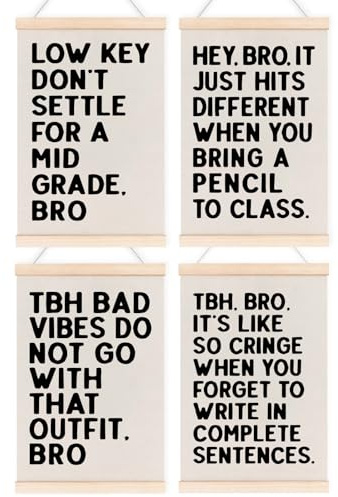 laveliabel Funny Classroom Poster Hanger Frame Set of 4, Middle High School Classroom Decor Banner Poster with Wood Hanger, Tbh.Bro It's Like So Cringe Wall Art Decor for SchoolClassroom, 12x16inch