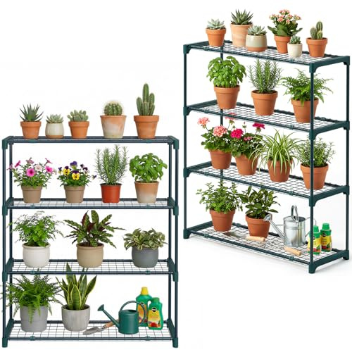 Ohuhu Plant Greenhouse Shelving 4 Tier 2 Pack Extra-Wide Green House Staging for Outdoor, 106 * 90.5 * 30.5cm Portable Rustproof Metal Plant Stand Shelf Racking Greenhouse Accessories