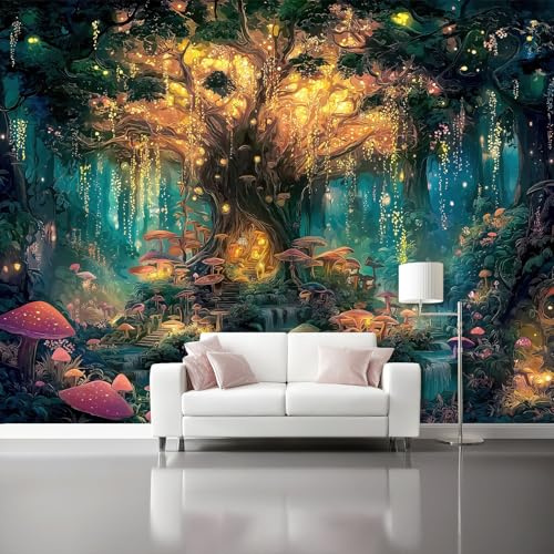 Générique Fantaisie Papier Peint Panoramique - Forêt Enchantée Plantes Modèle Papier Peint Poster Mural Intissé 350 x 256 cm, Bleu Foncé Murale Fresque pour Salon Chambre Cuisine Fond Tv Décoration