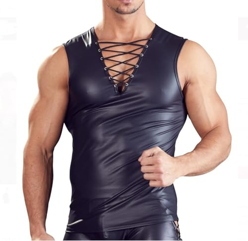 Pradize Camiseta De Tirantes para Hombre con Efecto Cuero Y Detalle De Cordones Ajustables