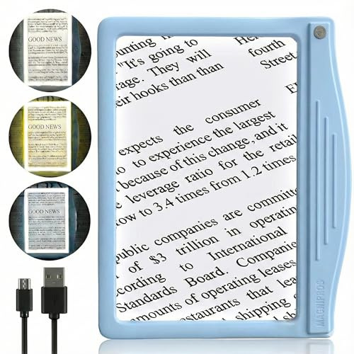 MagniPros 5X Rechargeable Large Ultra Bright LED Page Magnifier with Anti-Glare Lens & 3 Color Light Modes, Relieve Eye Strain- Ideal for Reading Small Print, Low Vision, Seniors