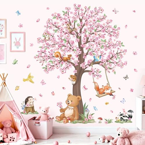 wondever Stickers Muraux Fleurs Cerisier Arbre Autocollants Muraux Animaux | Décoration Murale Peel & Stick, Décoration Bébé Pépinière Chambre Enfants Fille, Couleurs Vives et Nettes, Amovibles