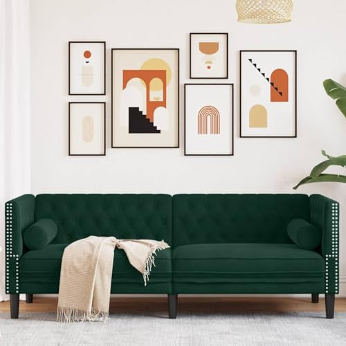 Teenpull Chesterfield-soffa 3-sitsig mörkgrön sammet, nackrullar, massivt trä, 194 cm bred, vardagsrumsmöbler, hög komfort