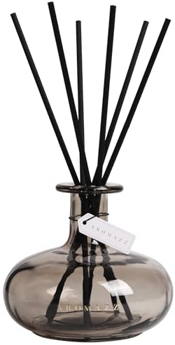 Reed Diffuser Set - Smoke Glass Bottle with Black Reeds & 200ml Hotel Fragrance Oil Premium Long Lasting Scent Oud & Bergamot - AROMAZZ