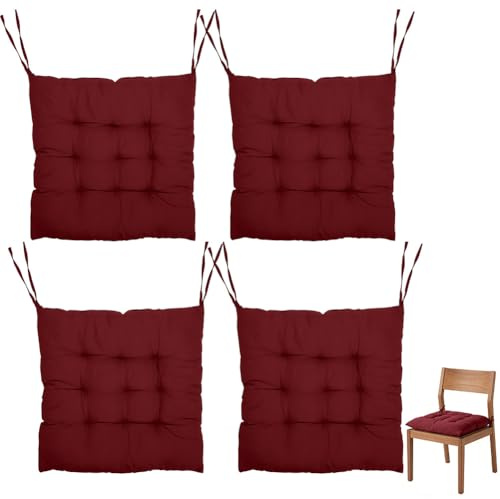 XUTUUDID 4er Set Sitzkissen Outdoor 40x40 mit Bändern, Stuhlkissen für Gartenstuhl, Stuhlauflage für Indoor und Outdoor, Bequeme Sitzkissen für Esszimmer, Wohnzimmer, Studierzimmer (Weinrot)