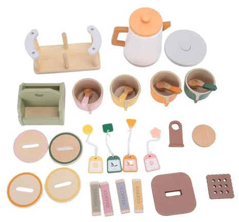 Oreilet Service à thé en Bois Enchanteur, avec Tasses, Cuillère, Bouilloire, Support, Pièces à café pour Petites Filles, Service à thé éducatif pour Tout-Petits
