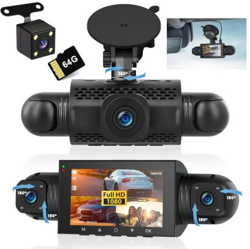 Bil Dashcam 4-kanals fram och bak 1080P, bilkamera med 64 GB SD-kort, 3 tum IPS-skärm, vidvinkel, IR-mörkerseende, G-sensor, bil-Dashcam med loop-inspelning