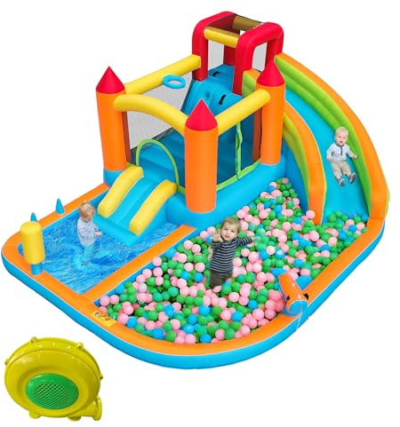 Castillo hinchable con soplador interior/exterior, tobogán de agua grande y pequeño, seco/húmedo, incluye bolsa de transporte, máx. 4/180 kg, 460 x 343 x 190 cm